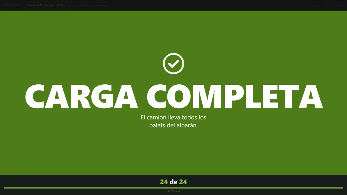 Pantalla de verificación de carga en verde con el mensaje CARGA COMPLETA indicando que el camión lleva todos los palets del albarán