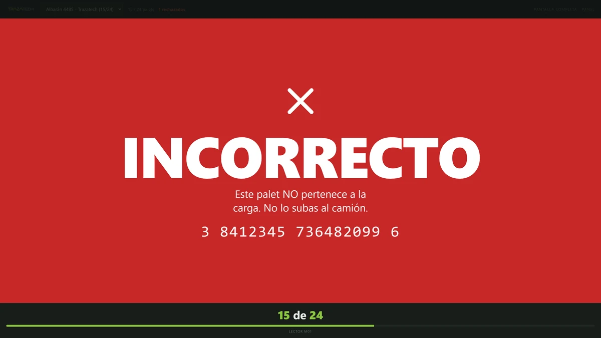Pantalla de verificación de carga en rojo con el mensaje INCORRECTO indicando que el palé no pertenece a la carga